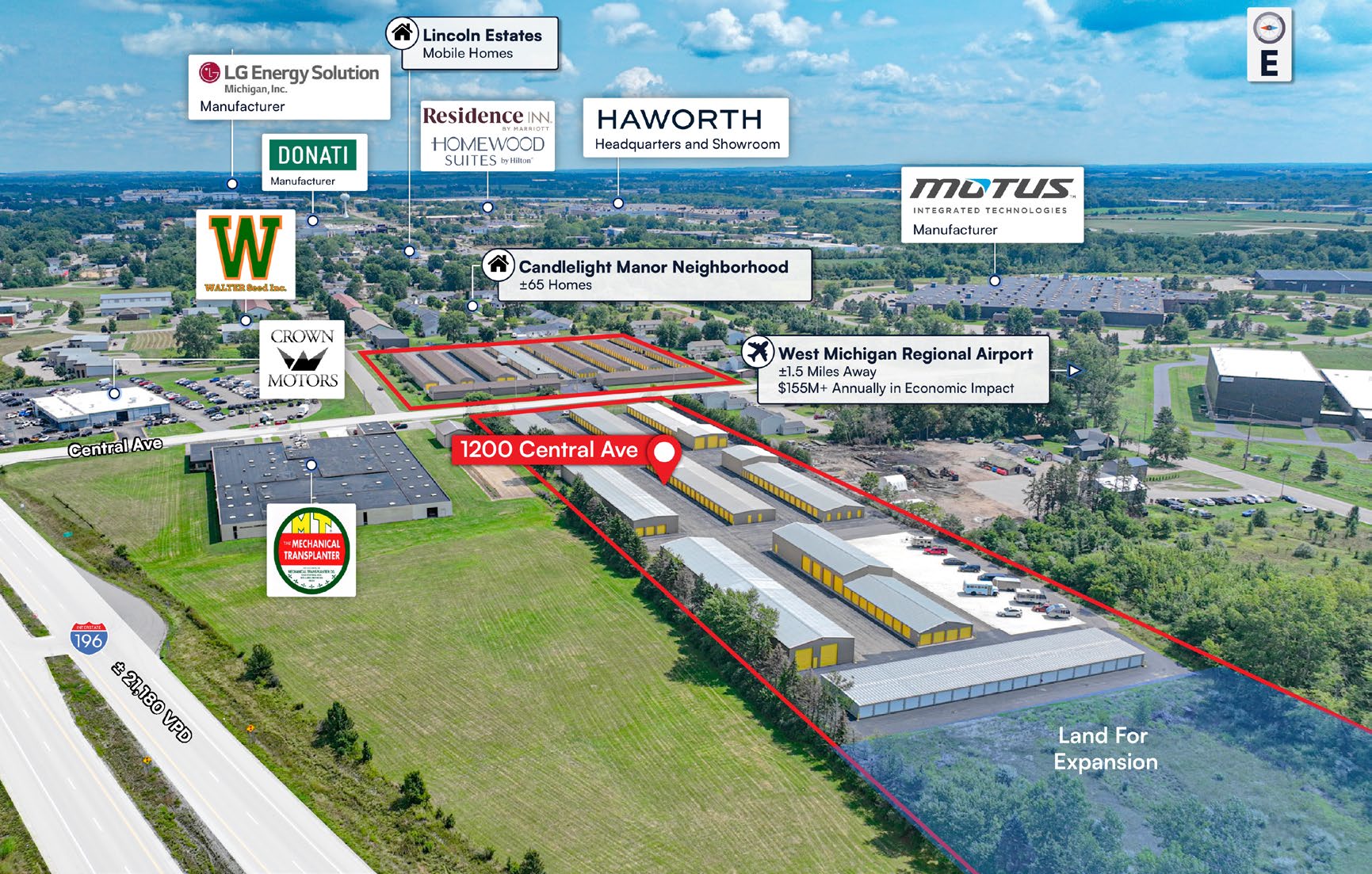 Annotated aerial view identifying expansion land at 1200 & 1187 Central Ave in Holland