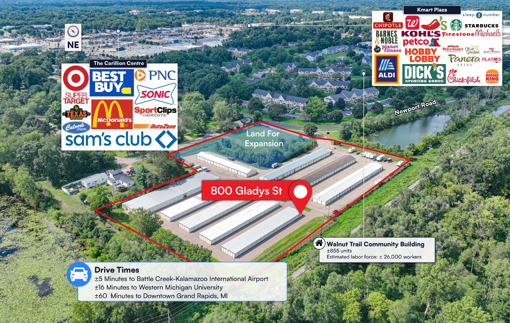 Annotated aerial view identifying expansion land at 800 Gladys St in Portage