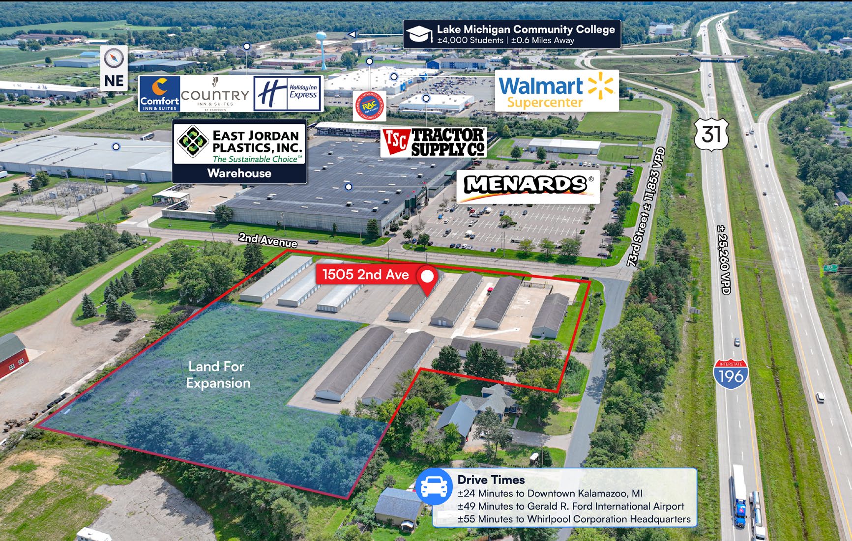 Annotated aerial view identifying expansion land at 1505 2nd Ave in South Haven